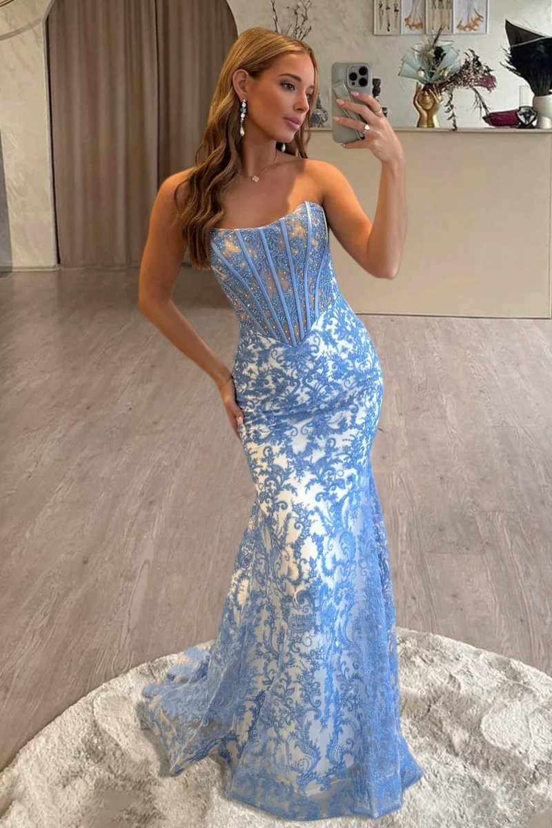 Blue Strapless Mermaid Lace Long Prom Dresses With Beading