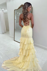 Yellow - Spaghetti Straps Mermaid Lace Appliqued Prom Dresses With Ruffles