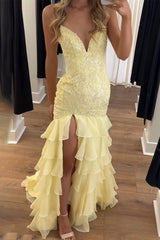 Yellow - Spaghetti Straps Mermaid Lace Appliqued Prom Dresses With Ruffles