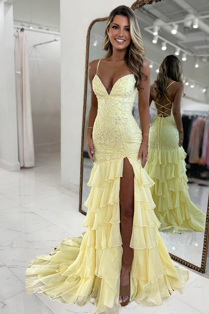 Yellow - Spaghetti Straps Mermaid Lace Appliqued Prom Dresses With Ruffles