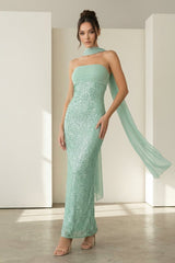 Aqua Strapless Sheath Sequined Formal Prom Dresses With Scarf