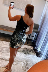 Black Gradient Cut Glass Mirror One-Shoulder Mini Party Dresses