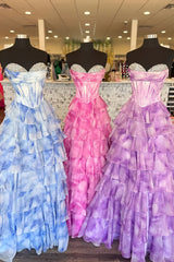 Blue Strapless A-Line Floral Chiffon Ruffled Long Prom Dresses With Beading