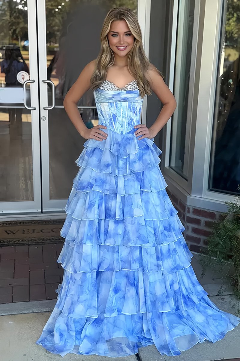 Blue Strapless A-Line Floral Chiffon Ruffled Long Prom Dresses With Beading