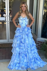 Blue Strapless A-Line Floral Chiffon Ruffled Long Prom Dresses With Beading
