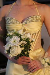 Yellow Halter Pleated Sheath Satin Long Prom Dresses With Beading