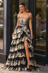 Gold Off the Shoulder Sequin Long Prom Dress with Slit