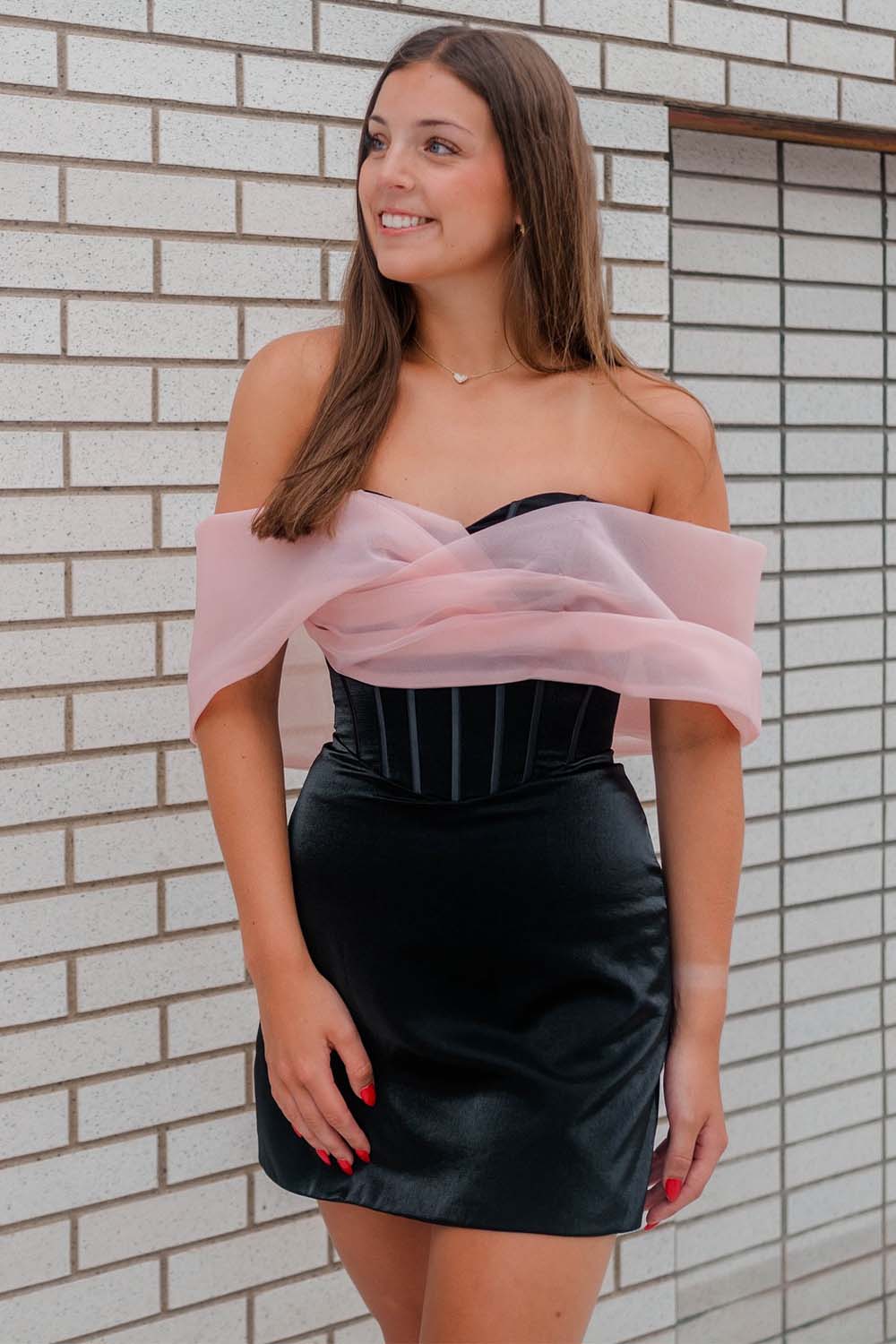 Black - Off The Shoulder Satin Homecoming Dress With Corset Bodice