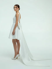 A-Line Satin V-Neck Short Wedding Dress with Large Bow