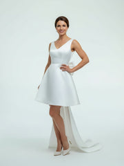 A-Line Satin V-Neck Short Wedding Dress with Large Bow