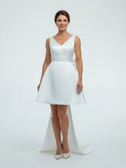 A-Line Satin V-Neck Short Wedding Dress with Large Bow
