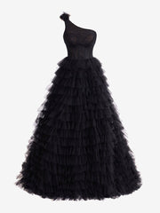 Black A Line One Shoulder Tiered Long Prom Dress