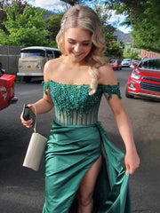 Off the Shoulder Satin Beaded Prom Dress With Appliques