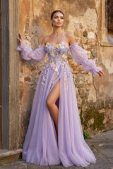 Lavender A-Line Strapless Tulle Prom Dress with 3D Flowers