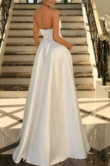 Lachlan | Satin A-Line Scoop Empire-Waist Pleated Satin High Slit Formal Prom Dress