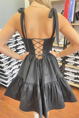 Black - Bow Straps Satin Ruffles A-line Short Homecoming Dresses