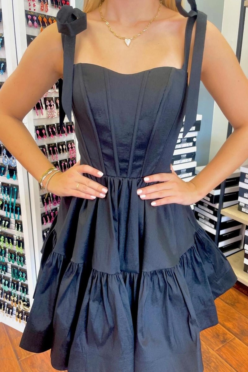 Black - Bow Straps Satin Ruffles A-line Short Homecoming Dresses