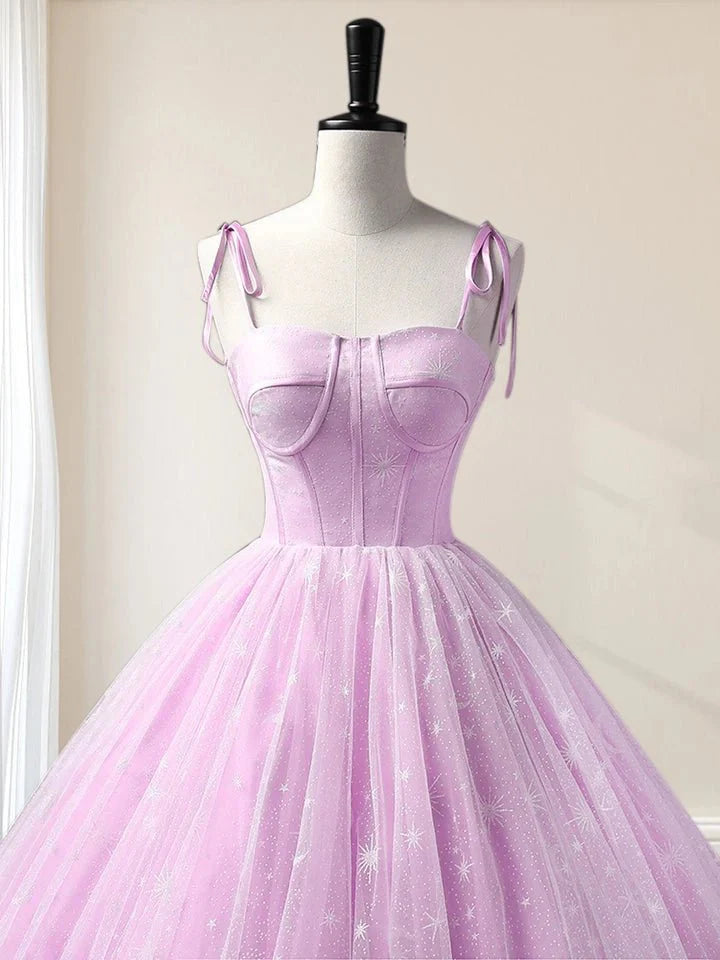 Lilac A-Line Spaghetti Straps Tulle Long Quinceanera Dresses