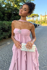 White Strapless A Line Chiffon Pleated Long Prom Dresses With Ruffles