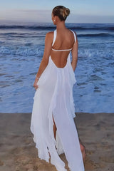 White Strapless A Line Chiffon Pleated Long Prom Dresses With Ruffles