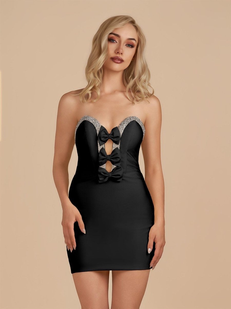 Black - Bodycon Strapless Cut Out Satin Beaded Homecoming Dress With Bows