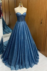 Navy Blue Sequin Beaded Sweetheart A-Line Long Prom Dress