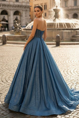 Navy Blue Sequin Beaded Sweetheart A-Line Long Prom Dress