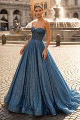 Navy Blue Sequin Beaded Sweetheart A-Line Long Prom Dress