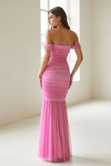 Off Shoulder Pink Ruched Long Prom Dress with Ruffle Hem