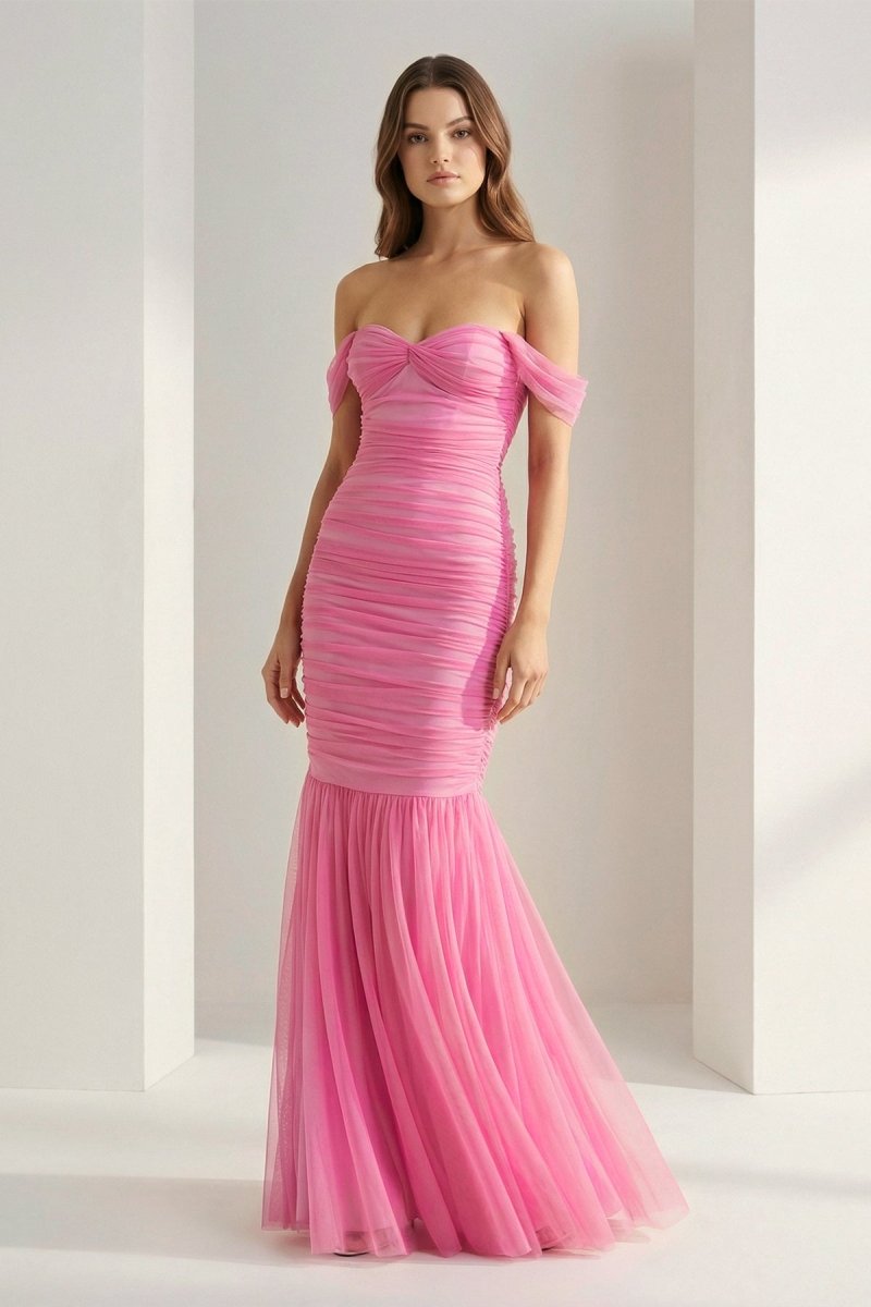 Off Shoulder Pink Ruched Long Prom Dress with Ruffle Hem