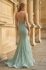 Orange Lace Spaghetti Straps Mermaid Long Formal Dress