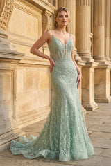 Orange Lace Spaghetti Straps Mermaid Long Formal Dress