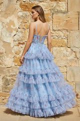 A-Line Blue Floral Corset Tulle Ruffles Long Prom Dresses