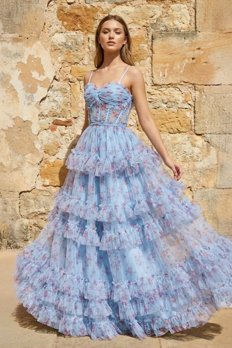 A-Line Blue Floral Corset Tulle Ruffles Long Prom Dresses