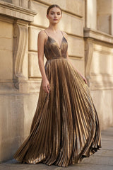 Gold A-Line Spaghetti Straps V-Neck Metallic Long Prom Dress