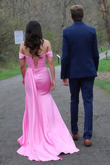 Pink Mermaid Off The Shoulder Satin Beaded Long Prom Dresses With Slit