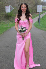 Pink Mermaid Off The Shoulder Satin Beaded Long Prom Dresses With Slit