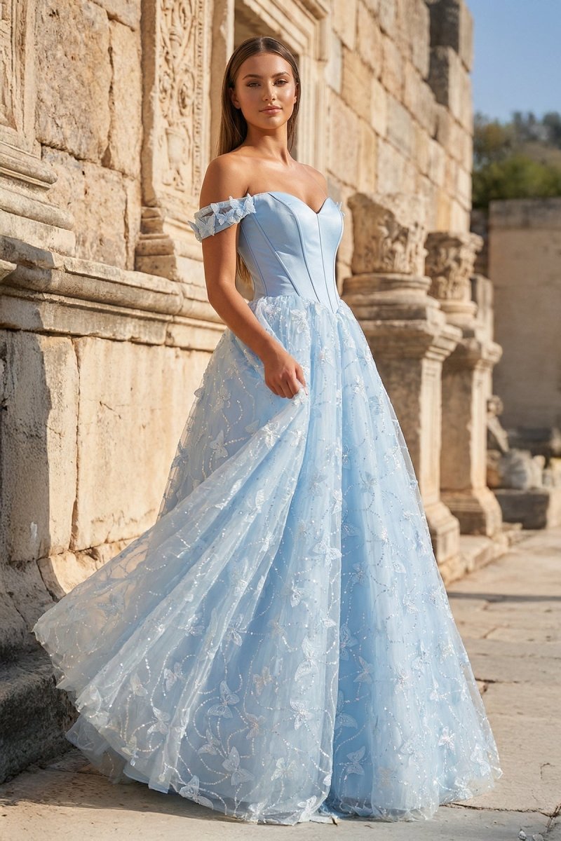 A Line Off the Shoulder Satin Lace Prom Dress