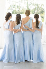 One Shoulder Stretch Matte Satin Sheath Long Bridesmaid Dresses