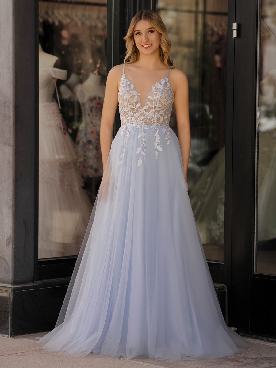 Light Blue V Neck Lace-Up Appliques Tulle Long Prom Dress
