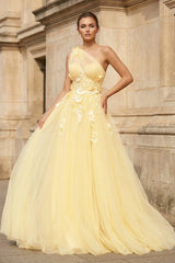 Light Yellow One Shoulder 3D Appliques Beading Long Prom Dress with Slit