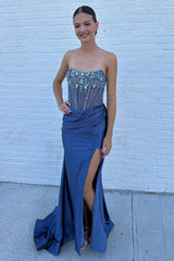 Strapless Mermaid Satin Beaded Prom Dress With Split