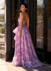 Lilac A-Line Corset Detachable Strapless Floral Long Prom Dress