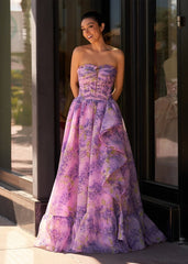 Lilac A-Line Corset Detachable Strapless Floral Long Prom Dress
