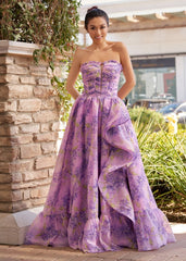 Lilac A-Line Corset Detachable Strapless Floral Long Prom Dress
