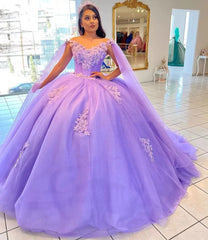 Lilac Ball-Gown Tulle Quinceanera Dresses 3D Flowers With Cape