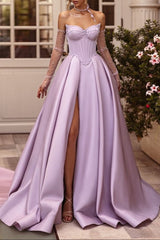 A-Line Lilac Sweetheart Satin Long Corset Prom Dress with Slit (Gloves are not Included)