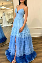 A Line V Neck Lilac Tulle Prom Dresses with Slit