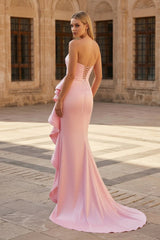 Pink Mermaid Strapless Satin Ruffled Long Prom Dresses with Slit