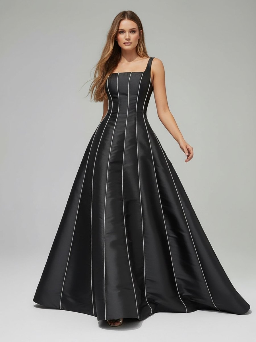 Black A-Line Straps Square Beads Pleated Long Prom Dress